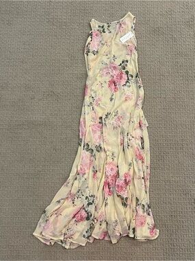 New Petal & Pup Pale Yellow Maxi Dress with Pink Floral Print